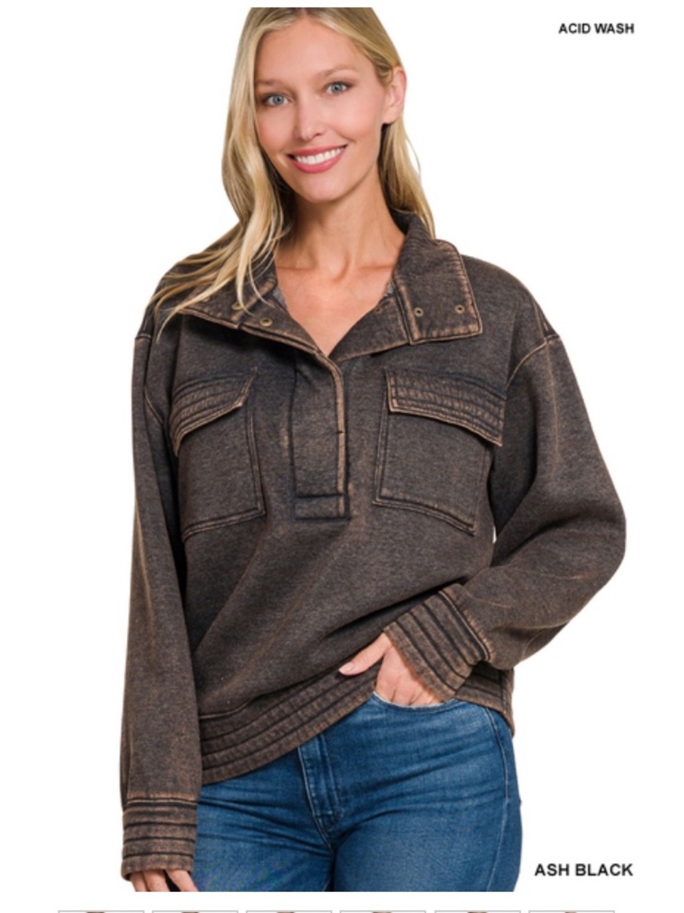 281 ACID WASHED HALF SNAP BUTTON FRONT FLEECE SWEATSHIRTS